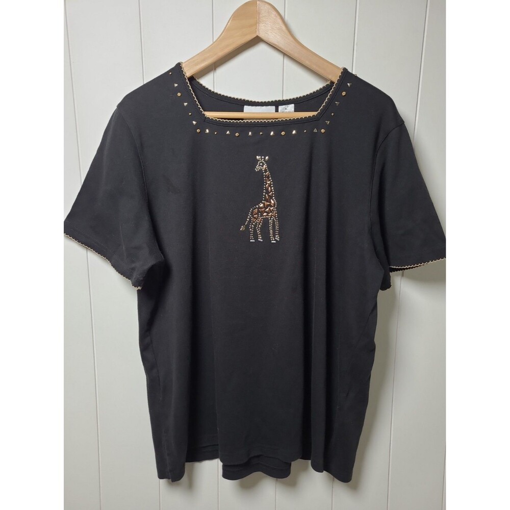 Alfred Dunner Giraffe Shirt Top Womens XL Knit Black Studded Embellished knit